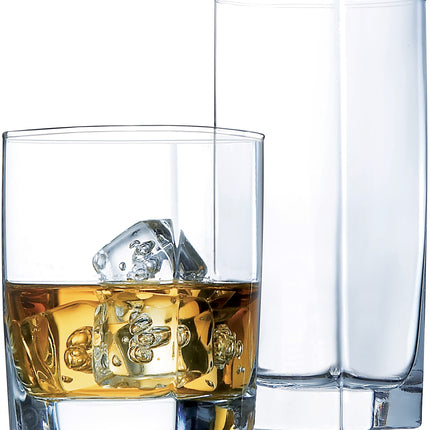 Collins Everyday Set of 16 Drinkware Kitchen Glasses for Cocktail, Iced Coffee, Beer, Ice Tea, Wine, Whiskey, Water, 8 Tall Highball Glass Cups & 8 Short Old Fashioned Drinking Glass