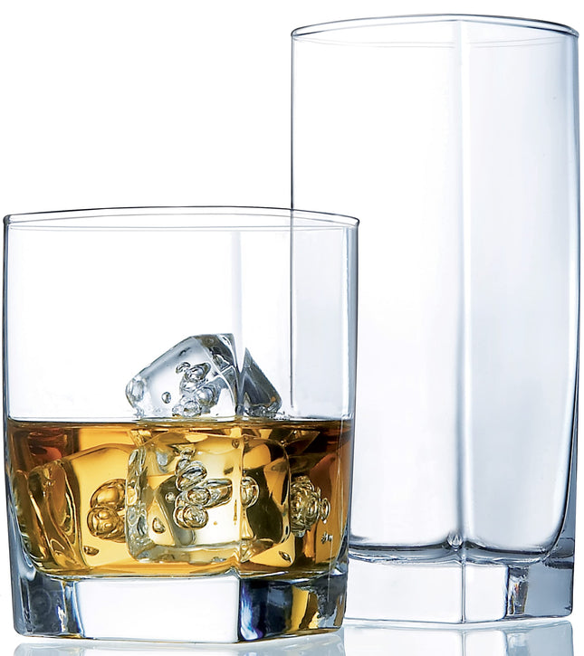 Collins Everyday Set of 16 Drinkware Kitchen Glasses for Cocktail, Iced Coffee, Beer, Ice Tea, Wine, Whiskey, Water, 8 Tall Highball Glass Cups & 8 Short Old Fashioned Drinking Glass