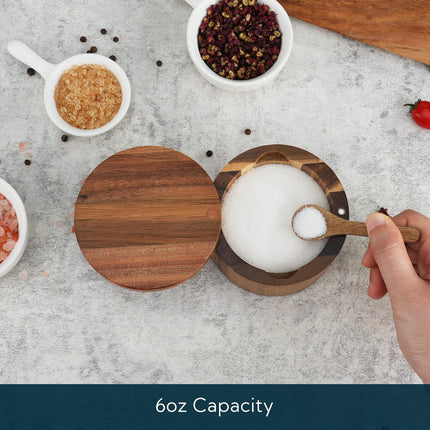KITCHENDAO 6oz Acacia Wood Salt Cellar Bowl Box with Built-in Spoon to avoid Dust, Elegant Kitchen Salt Container Holder with Swivel Magnetic Lid to Storage Pepper Spice Bath Salt