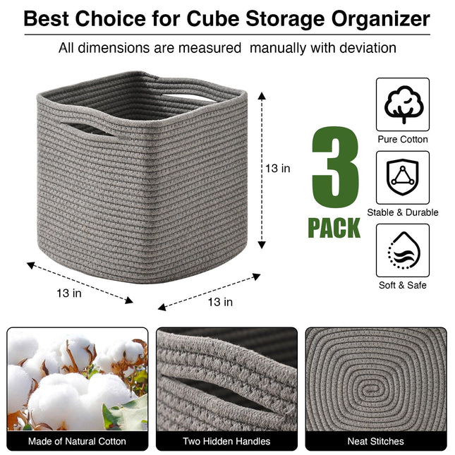 ICERZCZ 3PACK 11 Inch Storage Cube Organizer Bins, Woven Cotton Rope Basket for Storage, Storage Baskets for Organizing Shelves, Grey X004D0PS3J