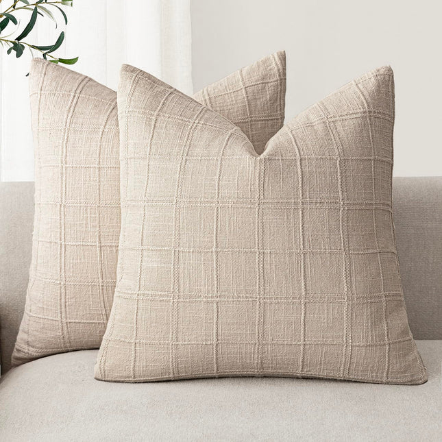 Foindtower 20×20Inch, Set of 2 Decorative Linen Check Throw Pillow Covers Neutral Farmhouse Vintage Cushion Covers Boho Decor For Sofa Chair Couch, Natural Linen X004F7UWDF