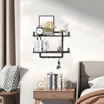 BEAUTME Floating Shelves, 24 Inch 2 Tier Kitchen Shelves Wall Mounted with 4 Hooks, Hanging Wall Shelf for Living Room, Coffee Bar, Bedroom, Bathroom