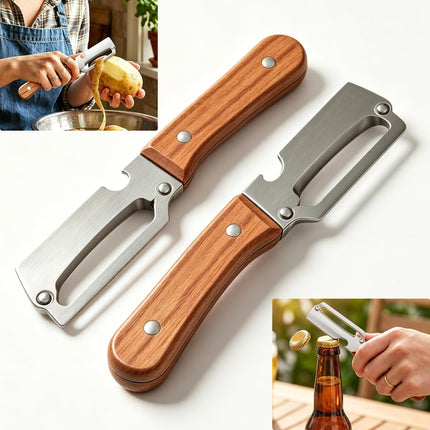 EddHomes Multifunctional Vegetable Zero Snag Peeler with Wooden Handle and Bottle Opener