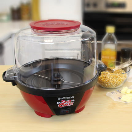 West Bend 82505 Stir Crazy Electric Hot Oil Popcorn Popper Machine with Stirring Rod Offers Large Lid for Serving Bowl and Convenient Storage, 6-quart, Red
