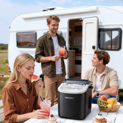 EUHOMY Countertop Ice Maker Machine with Handle, 26lbs in 24Hrs, 9 Ice Cubes Ready in 6 Mins, Auto-Cleaning Portable Ice Maker with Basket and Scoop, for Home/Kitchen/Camping/RV. (Black)