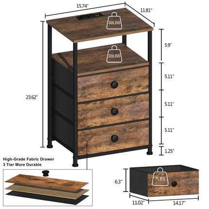 GiftGo Nightstand with Charging Station Led Light and 3 Fabric Drawers- #C1