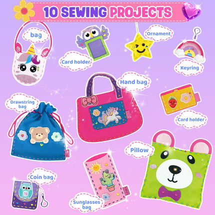 Sewing Kit for Beginner Kids, 10Pcs Unicorn Bear DIY Arts and Crafts Box, Felt Art Projects, Blind Box Craft Supplies, Learn to Sew Embroidery Kit, Easter Birthday Gifts for 3 4 5 6 7 8 Years Old Girls Boys