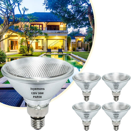 Ivyemons 4-Pack Indoor/Outdoor 38W PAR38 Halogen Bulb 120V E26 Base, PAR38 Halogen Flood Light Dimmable 2800K Warm White
