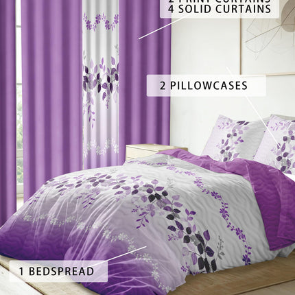 Reylox 9 Pcs KING Size Purple Bedspread Set with Curtains, Bohe Purple Floral Bed in A Bag, 2 Pillowcases and 6 Curtains, Moisture-Wicking Microfiber for Bedroom, Master Suite Decor