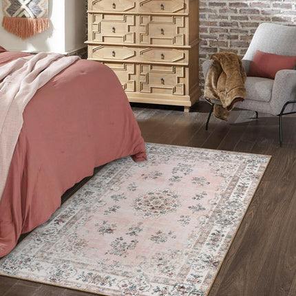 Lahome Boho Pink Area Rug 3x5', Floral Kids Rugs for Girls Room Bedroom Playroom, Washable Non Slip Flower Bathroom Mat Carpet for Nursery Entryway Bedside Indoor Floor Home Decor, Peach