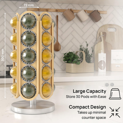LBYX Rotating Coffee Pod Holder Compatible with Nespresso Vertuo - Coffee Pod Carousel - 360-Degree Stand with 30 Pods Capacity - Storage Organizer Nespresso Capsule Holder Rack - No Assembly (Natural)