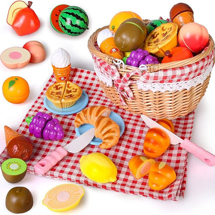 19 PCS Pretend Cutting Food Toys with Dessert and Fruit,Play Food Set with Picnic Basket and Mat,Play Kitchen Toys Playset for Children,Educational Toys T16