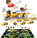 Car Toys Set with Transport Cargo Airplane Educational Construction Toys Trucks Set 23.6x23.4 Inch Play Mat, 6 trucks,1 Large Plane, 11 Road Signs, 1 User’s Manual T48