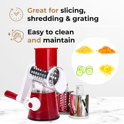 JS Gourmet Rotary Cheese Grater with Crank Handle and 3 Interchangeable Blades, Ideal for Grating, Shredding and Slicing Vegetables, Fruits, Nuts, Carrots