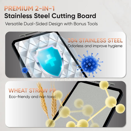 BLAZEYO 2-in-1 Double Sided Stainless Steel Cutting Board, Large Size 41 * 28 cm/16”×11” Chopping Board, Food Grade Non Toxic Dishwasher Safe