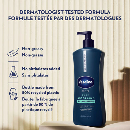 Vaseline Men 3-IN-1 Fast Absorbing Body Face & Hands Lotion, 600ml