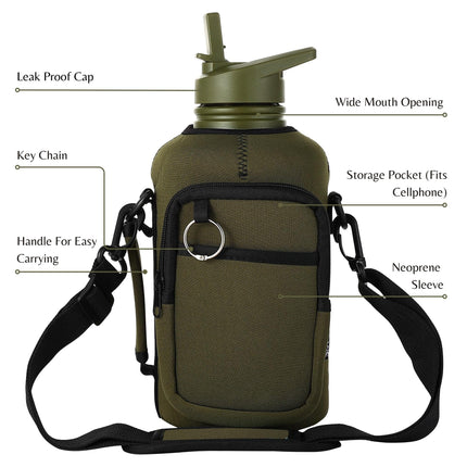 Thermosis 64oz Insulated Stainless Steel Water Bottle with Straw & Holder Strap Includes 2 Lids, Army Green