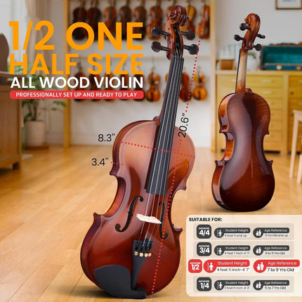 Pyle 1/2 Size 20" Student Grade Violin Starter Kit with Travel Case & Bow