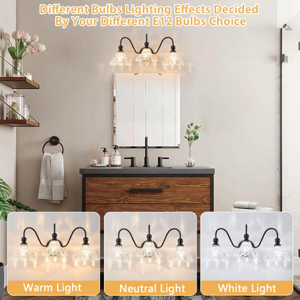 BrkNit Vintage Farmhouse Vanity Over Mirror 3-Light Black Wall Sconce Lighting with Flower Glass Shade, for Bedroom Kitchen Living Room Hallway Light