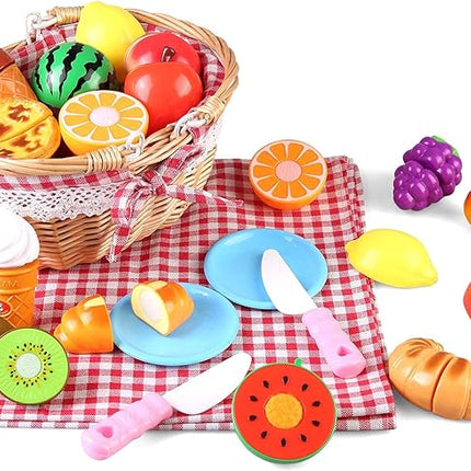 19 PCS Pretend Cutting Food Toys with Dessert and Fruit,Play Food Set with Picnic Basket and Mat,Play Kitchen Toys Playset for Children,Educational Toys T16