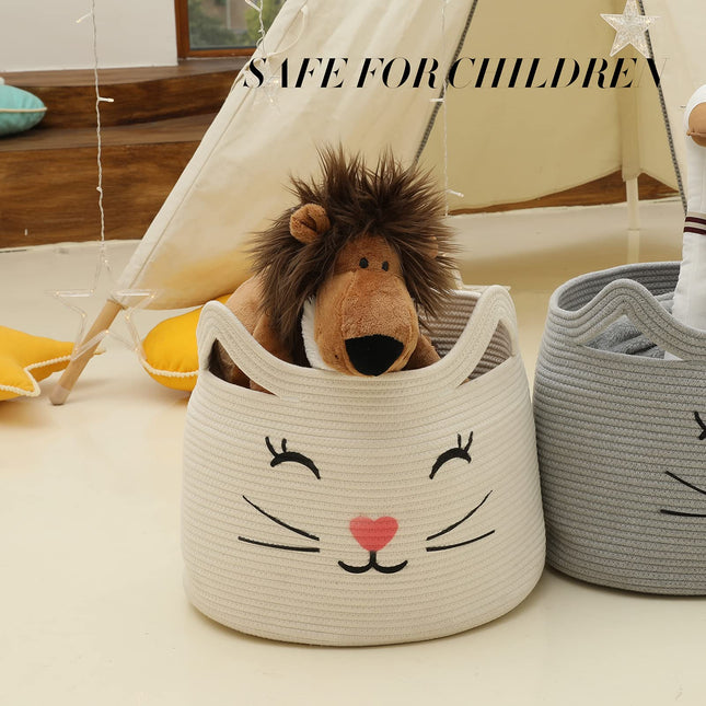 ZLG Cat Face Cotton Rope Gift Wicker Basket Hamper wicker for Toys Towels (white)
