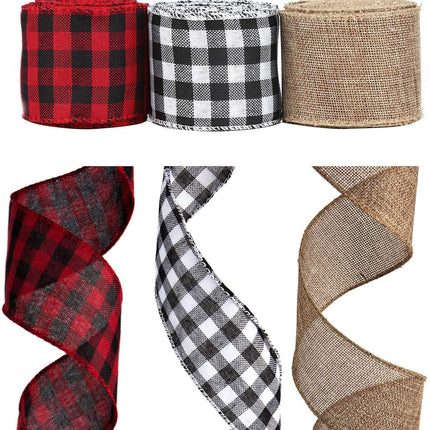 AIEX 3 Rolls Christmas Wired Ribbons, 2.5”x10 Yards Black Red/Black White Buffalo Plaid Ribbons and Natural Burlap Ribbon for DIY Craft, Gift Wrapping, Christmas Wedding Craft Decorations