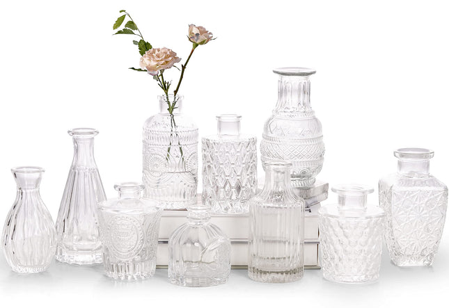 BONNE AMBIANCE Set of 10 Small Floral Glass Vintage Rustic Bud Vases for Decor