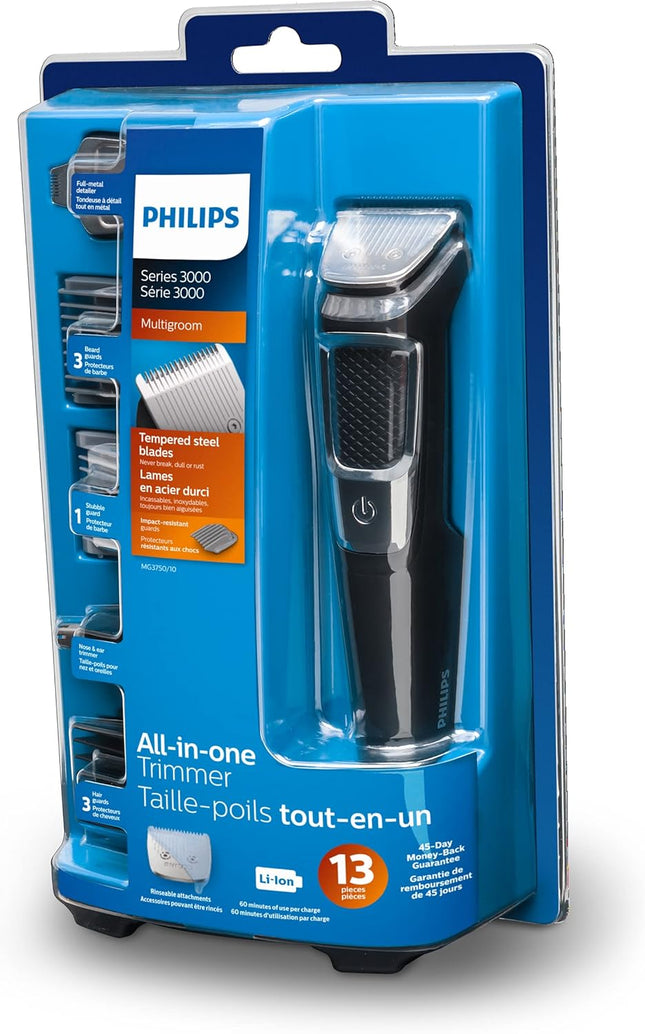 Philips Multigroom Series 3000 Cordless with 10 Trimming Accessories, Lithium-Ion and Storage Bag, MG3750/10