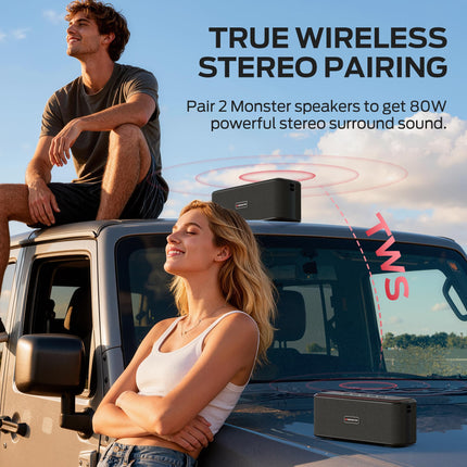 Monster Shock Plus Bluetooth Speaker, Portable Speaker with 40W Loud Stereo Sound, Bluetooth 6.0, TWS Pairing, 20H Playtime,Support AUX/TF Card, IPX6 Waterproof Wireless Speakers for Travel,Home,Party