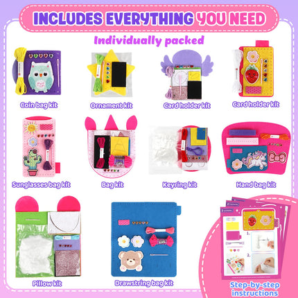 Sewing Kit for Beginner Kids, 10Pcs Unicorn Bear DIY Arts and Crafts Box, Felt Art Projects, Blind Box Craft Supplies, Learn to Sew Embroidery Kit, Easter Birthday Gifts for 3 4 5 6 7 8 Years Old Girls Boys