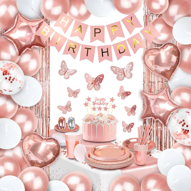 Party spot! 135 Pcs Birthday Decorations For Women, Rose Gold Party Decorations, Happy Birthday Decorations - Balloon Stand Kit, Tableware Kit,Pump, Banner, Tassel Curtain,Balloon, For 12 Guests