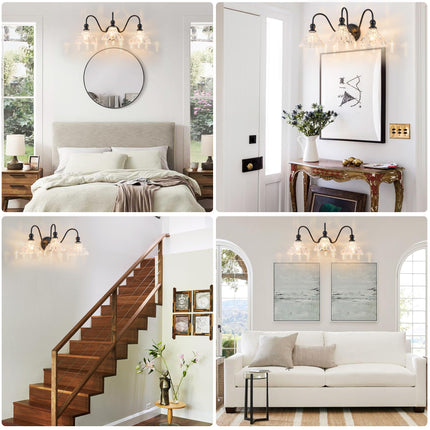 BrkNit Vintage Farmhouse Vanity Over Mirror 3-Light Black Wall Sconce Lighting with Flower Glass Shade, for Bedroom Kitchen Living Room Hallway Light