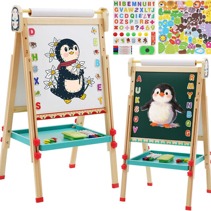JOONLY Kids Adjustable Standing Wooden Art Easel with Paper Roll Double-Sided Whiteboard & Blackboard, Penguin