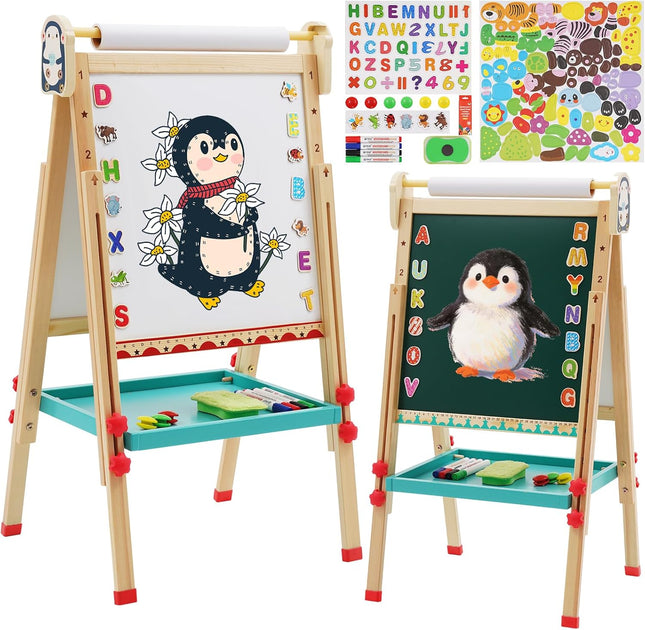 JOONLY Kids Adjustable Standing Wooden Art Easel with Paper Roll Double-Sided Whiteboard & Blackboard, Penguin