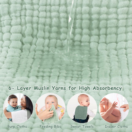 Looxii Muslin 6-PACK 100% Cotton Muslin Cloths Large 20''x10'' Extra Soft and Absorbent Burping Cloth, White+Green