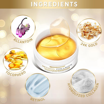 Under Eyes Patches for Dark Circles: 24K Gold Under Eye Mask for Puffy - Retinol Patchology Eye Patches for Wrinkles and Dark Circles Puffiness- Collagen Under Eye Bags Treatment