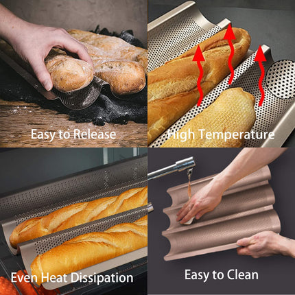 Hesanzol 15" x 11", Carbon Steel 3 Loaf Nonstick Baguette Baking Tray