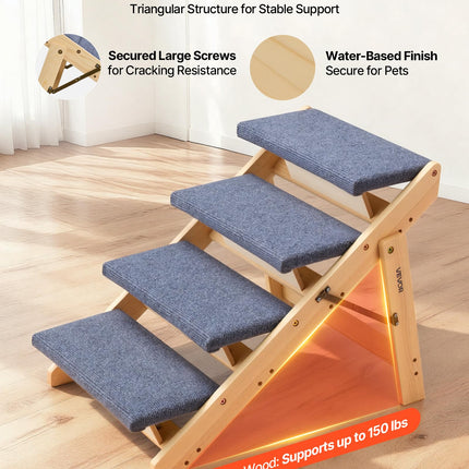 VEVOR Wood Pet Stairs, 4-Step Dog Stairs for Beds, Sofa & Cars, 60lbs Load Capacity, Folded Flat Design, Stable & Sturdy Cat & Dog Step Ladder for Small Medium Older Pet Puppy Essentials