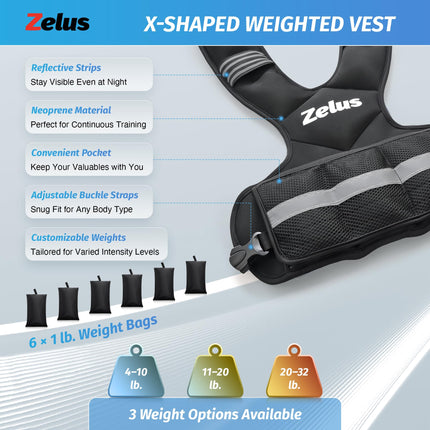 ZELUS Adults Adjustable 4-10lbs Weighted Vest with 6 Ironsand Weights & Large Pocket for Workout,Running,Strength Training Walking,Jogging, BLACK