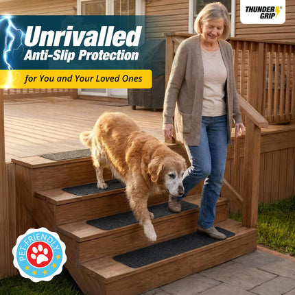Thunder Grip Outdoor Stair Treads Non Slip 30" x 8" - 12-Pack Weather Resistant Exterior Grip Tape for Wooden Steps Strips Waterproof 80-Grit Adhesive Treads