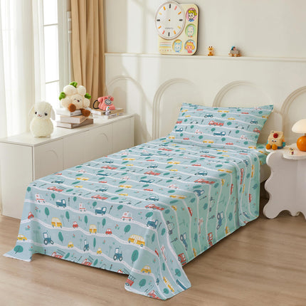 Bedmoon Boys Twin Single Sheets, Kids Car Truck Soft Microfiber Twin Sheets & Pillowcases with Elastic Corner Straps, Tint