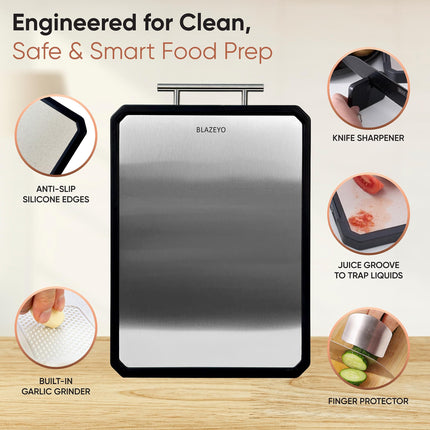 BLAZEYO 2-in-1 Double Sided Stainless Steel Cutting Board, Large Size 41 * 28 cm/16”×11” Chopping Board, Food Grade Non Toxic Dishwasher Safe