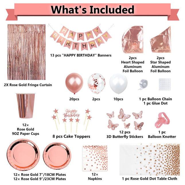 Party spot! 135 Pcs Birthday Decorations For Women, Rose Gold Party Decorations, Happy Birthday Decorations - Balloon Stand Kit, Tableware Kit,Pump, Banner, Tassel Curtain,Balloon, For 12 Guests