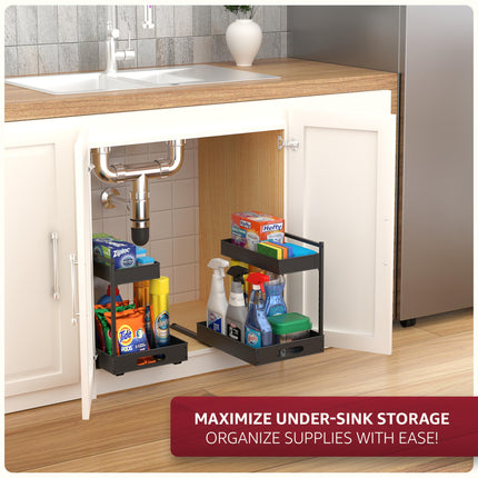 Sorbus Under Sink Organizer with Sliding Tracks and Adhesive Tape - 2-Tier Pull-Out Storage Rack for Kitchen and Bathroom - No Drill Under Sink Organization Storage Cabinet Shelf