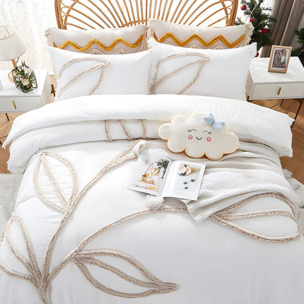 Rvciby Boho Leaf Duvet Cover Twin Size Soft Microfiber Bedding Set with Tassel and Tufted Pattern,2 Pieces,1 Duvet Cover with Zipper Closure & Corner Ties and 1 Pillow Sham,66X90 Inches (White)