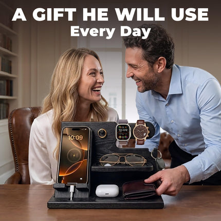 TESLYAR Wood Phone Docking Station - Gifts for Men - Desk or Nightstand Organizer - Birthday Gift for Husband, Dad - Anniversary Idea from Wife - Key Holder, Stand Wallet & Essentials (Granite Black)