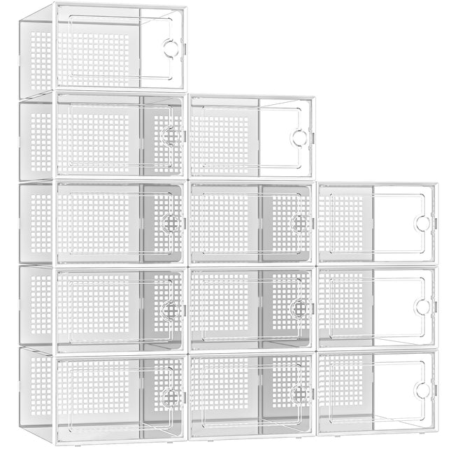 Kuject 12-Pack X-Large Shoe Storage Organizers Clear Plastic Stackable Shoe Rack, White