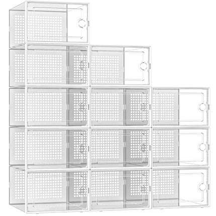Kuject 12-Pack X-Large Shoe Storage Organizers Clear Plastic Stackable Shoe Rack, White