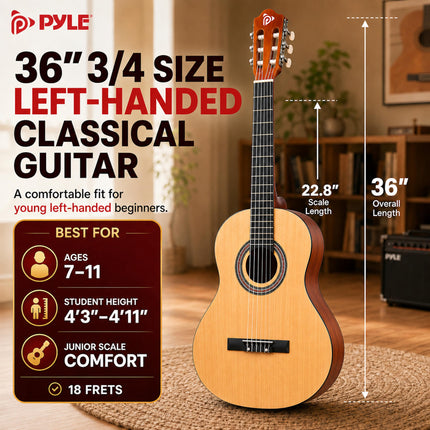 Pyle 36” Acoustic Guitar - 3/4 Size Guitare Acoustique w/ 6 Nylon Strings- For Adults, Teens, Kids, Students, Girls, Boys, Beginners, Includes Gig Bag, Tuner, Extra Strings, Picks, Strap -Left Handed