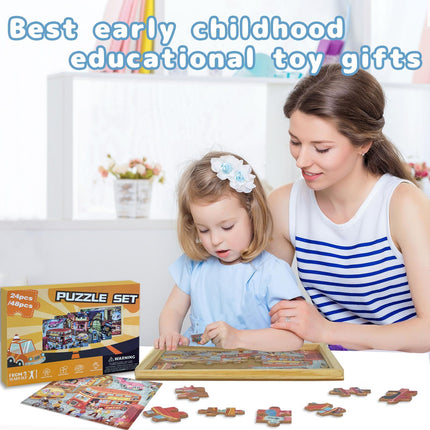 NAIJUTE Toddler Wooden Montessori Jigsaw Puzzle Set (24 & 48 Pieces), Preschool Learning Toys with Traffic, Fire Truck & Construction Themes